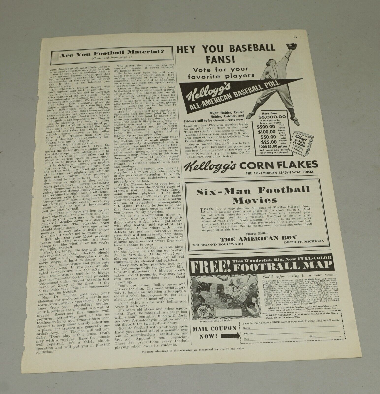 Original 1937 Kellogg's All-american Cereal Baseball Magazine Advertisement *