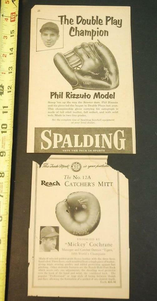 Vintage Spalding & Reach Baseball Glove Advertisments Phil Rizzuto & Mickey Coc